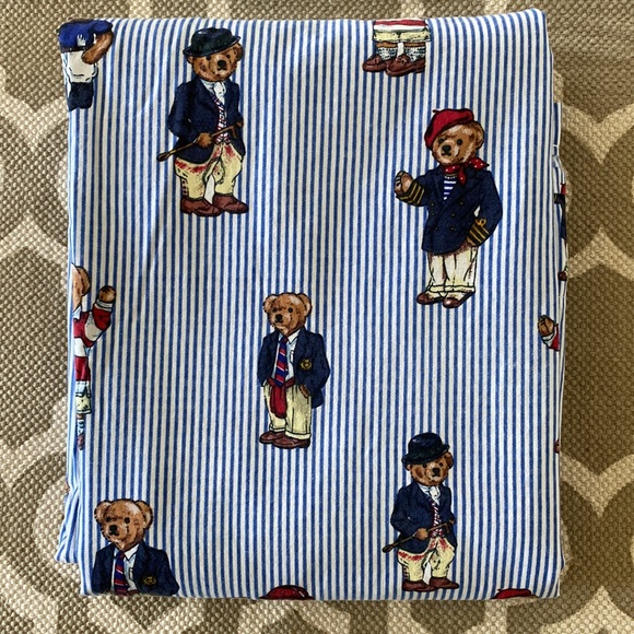 Ralph Lauren Other - Vintage “Ralph Lauren” blue striped, teddy bear, full  size flat sheet